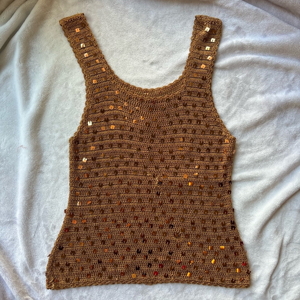 gold vintage y2k viral crochet beaded bead sequin embellished tank top